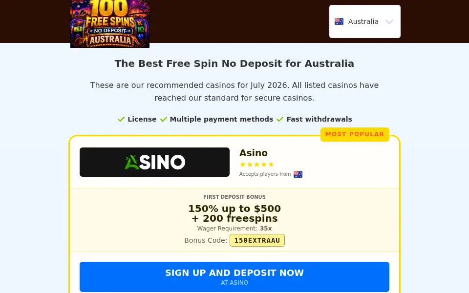 Screenshot of 100freespinsnodepositaus.net