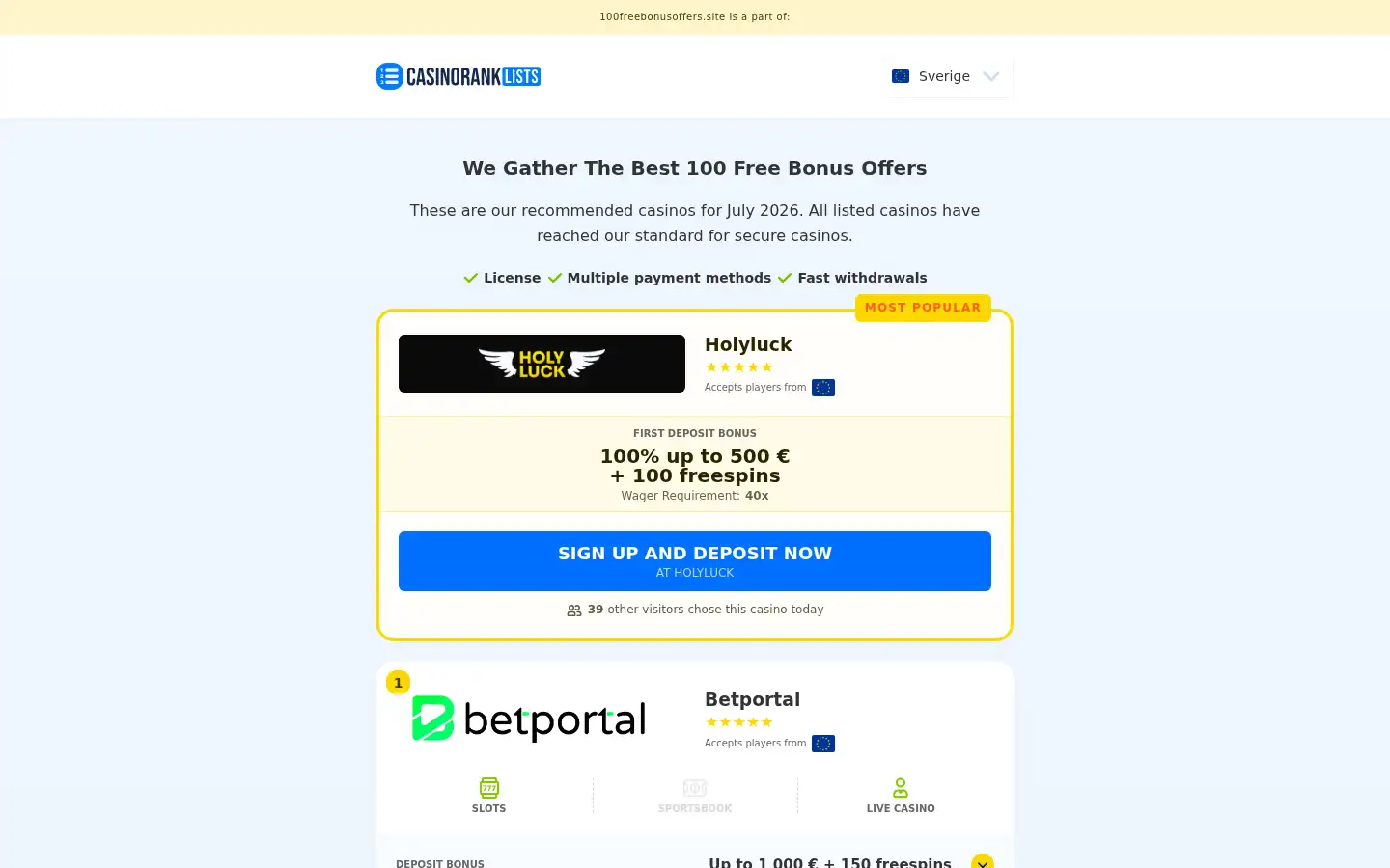 Screenshot of 100krgratisutaninsattning.com