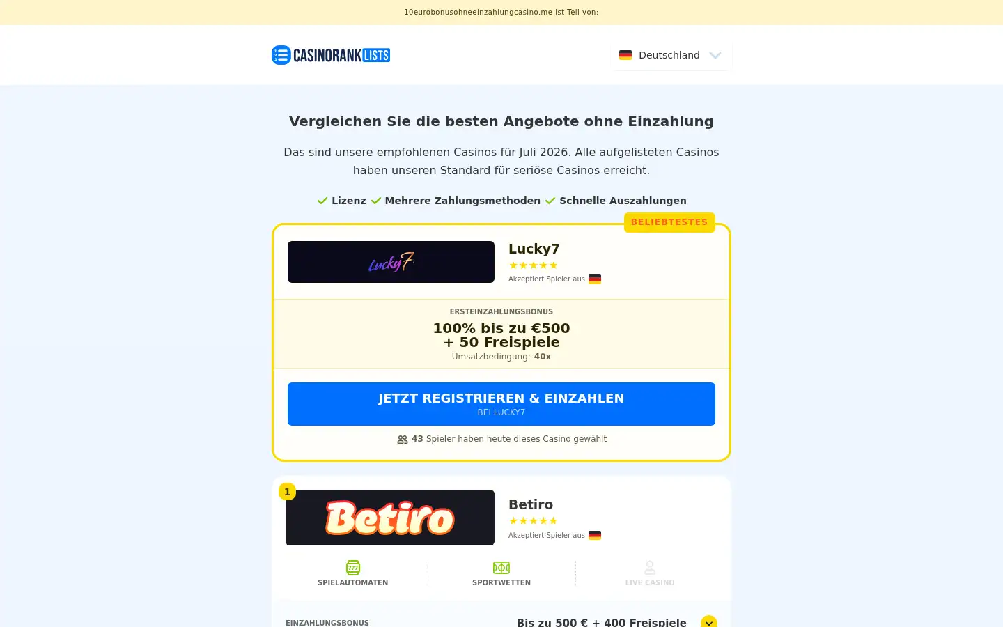 Screenshot of 10eurobonusohneeinzahlungcasino.me