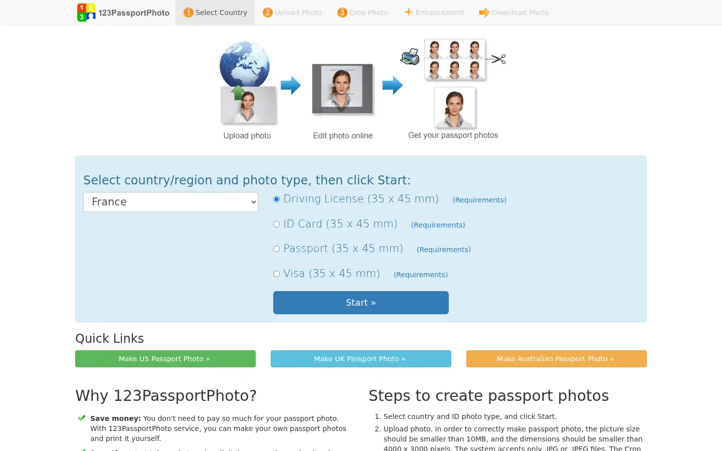 Screenshot of 123passportphoto.com
