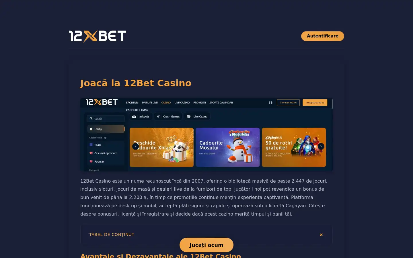 Screenshot of 12betcasino.ro