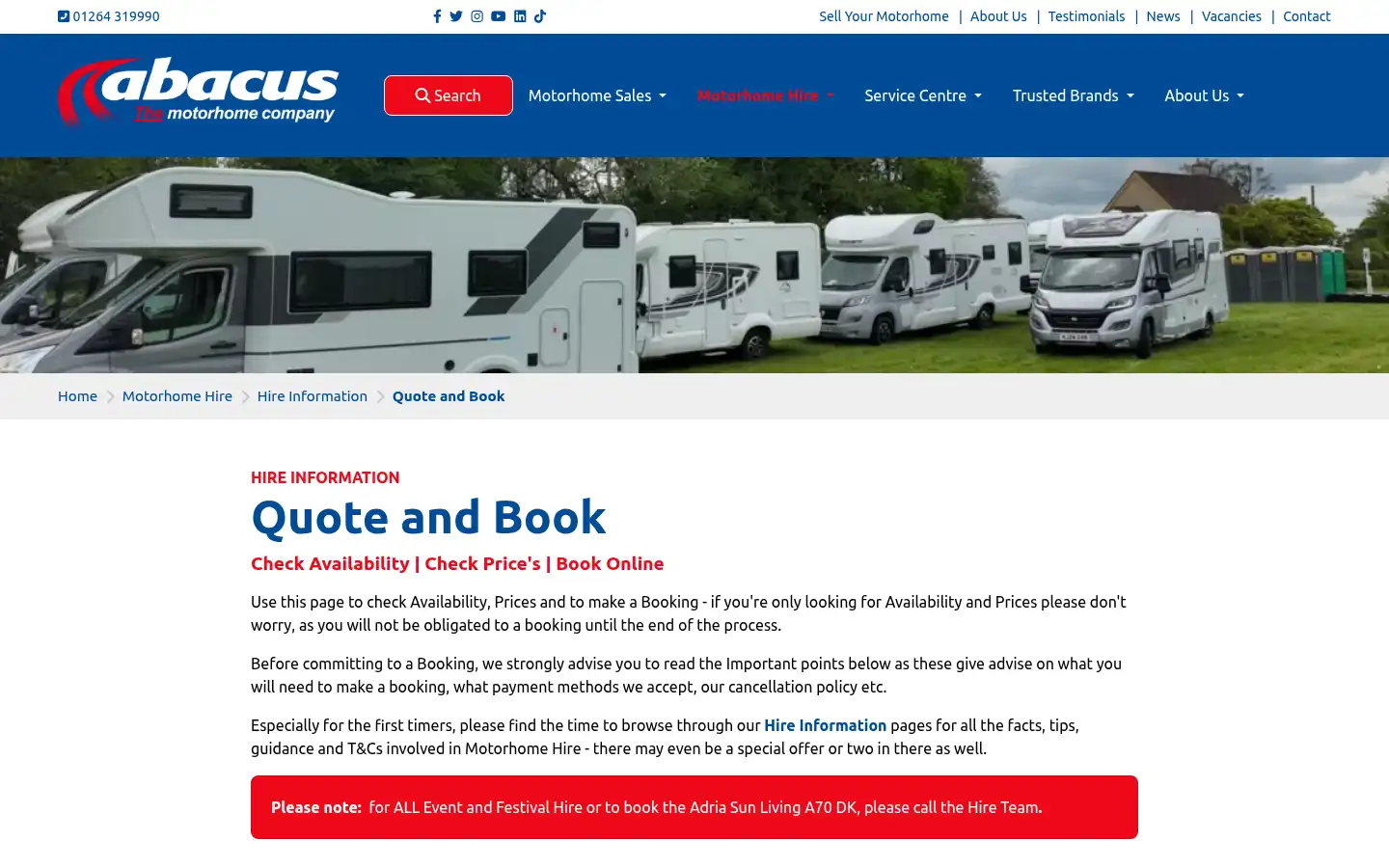 Screenshot of abacusmotorhomehire.co.uk
