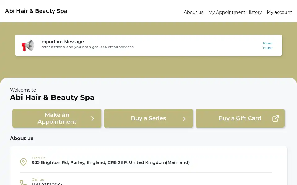 Screenshot of abishairspa.co.uk
