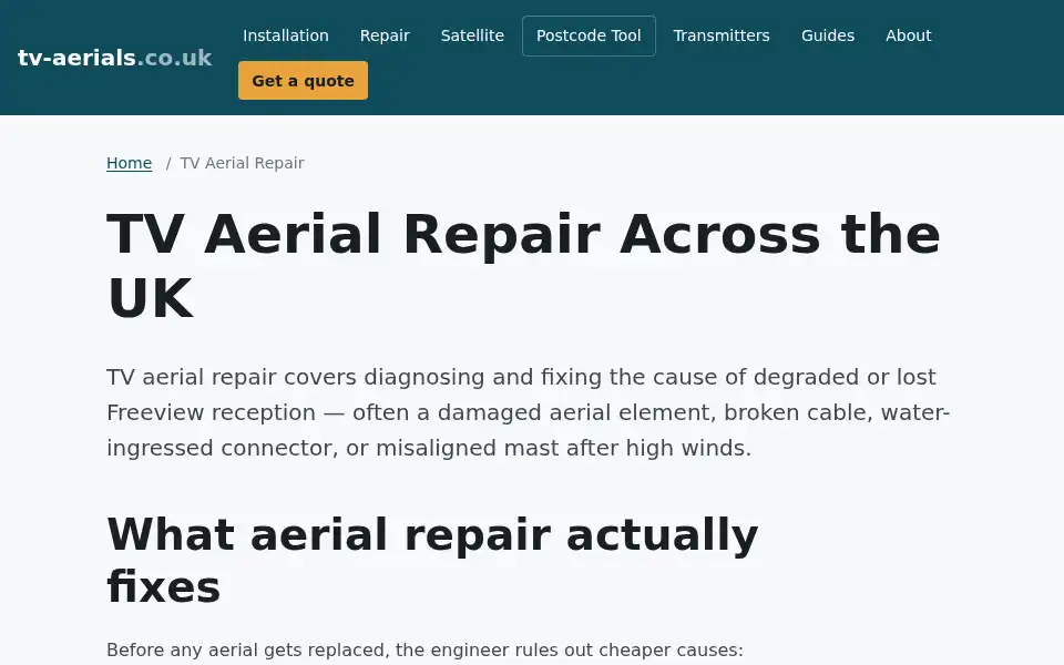 Screenshot of aerialcare.co.uk