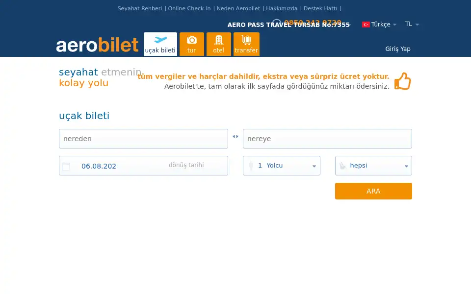 Screenshot of aerobilet.com.tr
