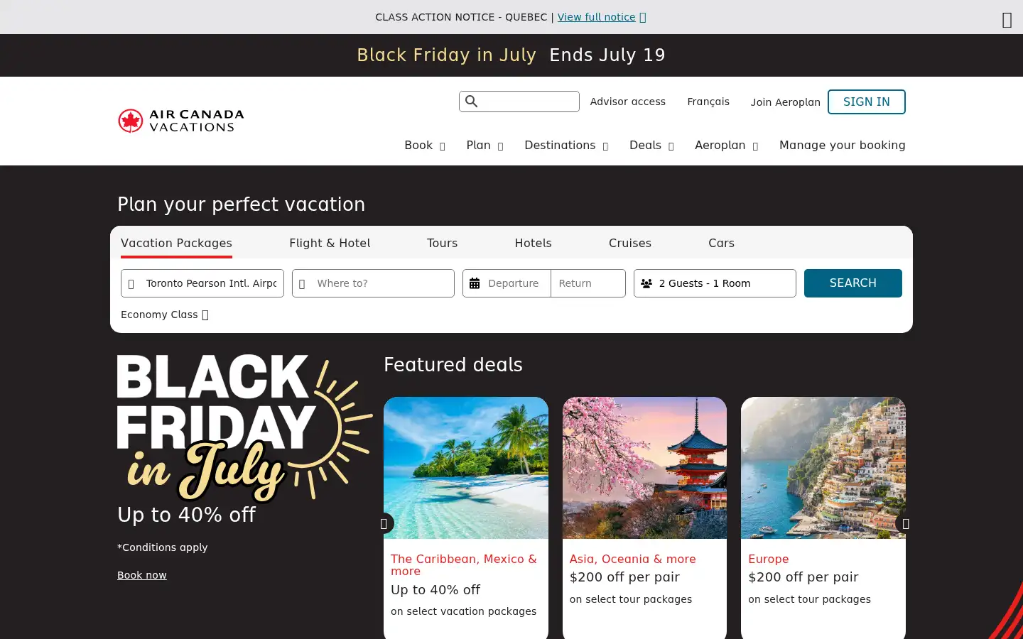 Screenshot of aircanadavacations.com
