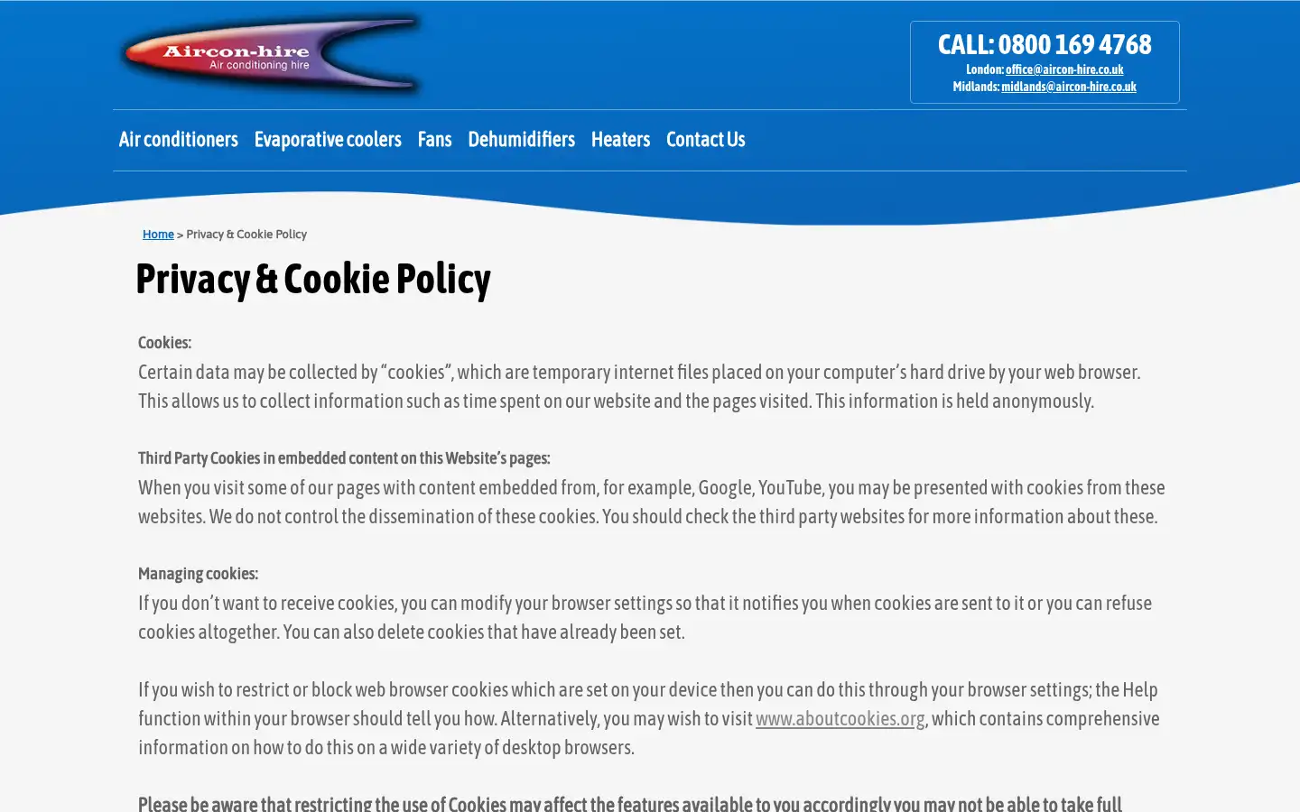 Screenshot of aircon-hire.co.uk