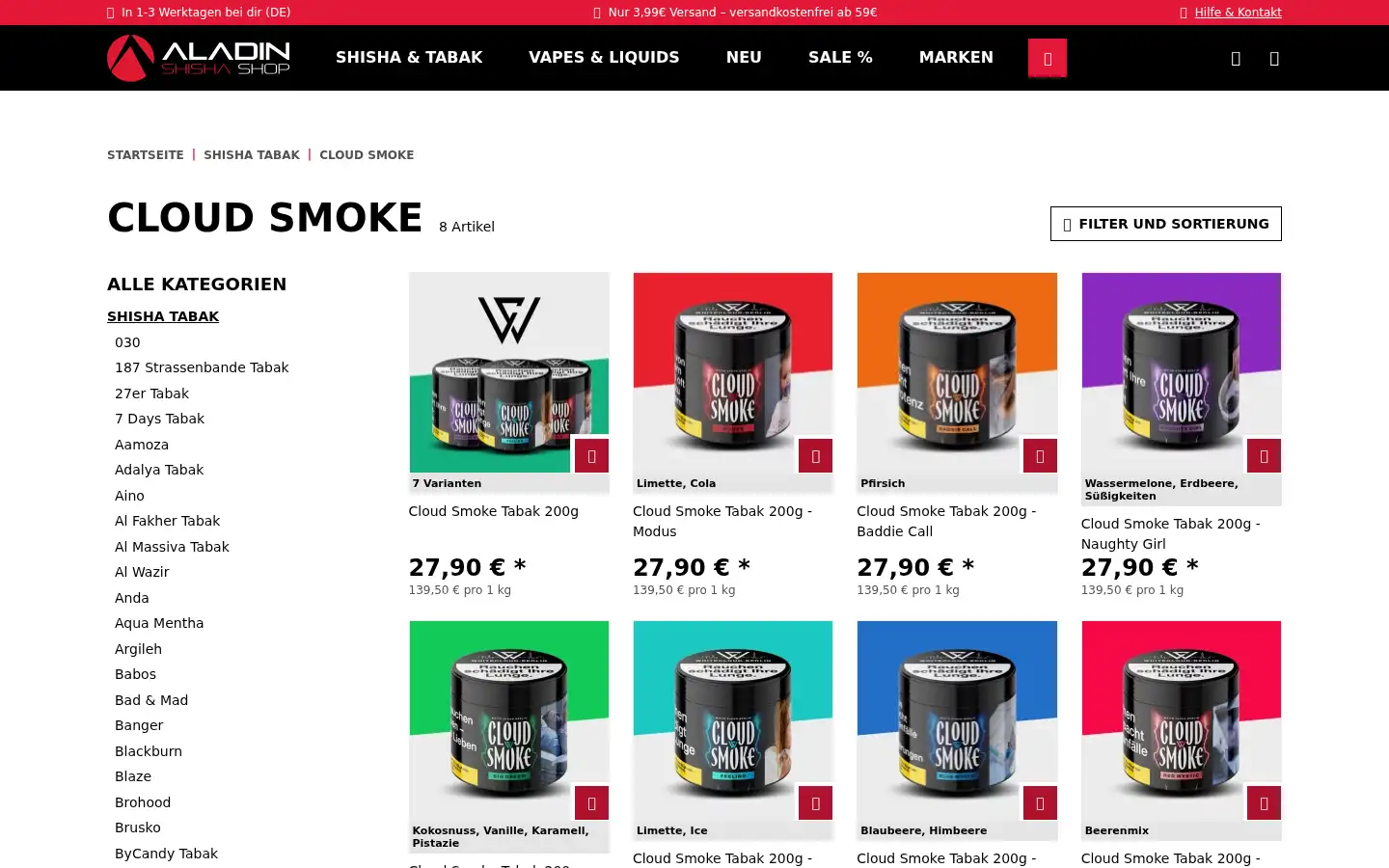 Screenshot of aladin-shishashop.de