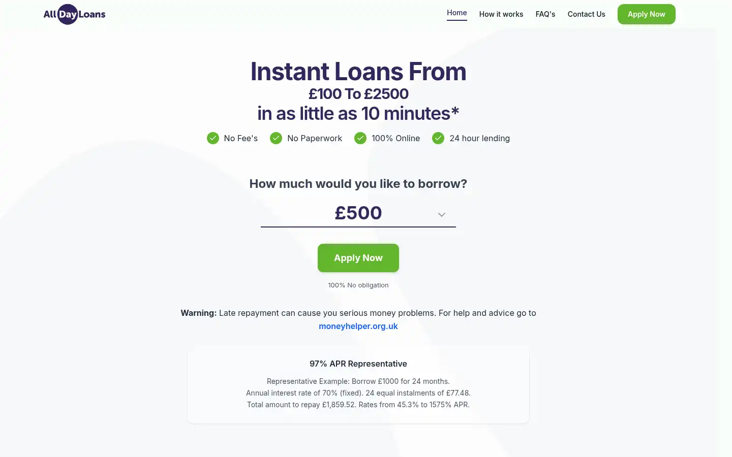 Screenshot of alldayloans.co.uk