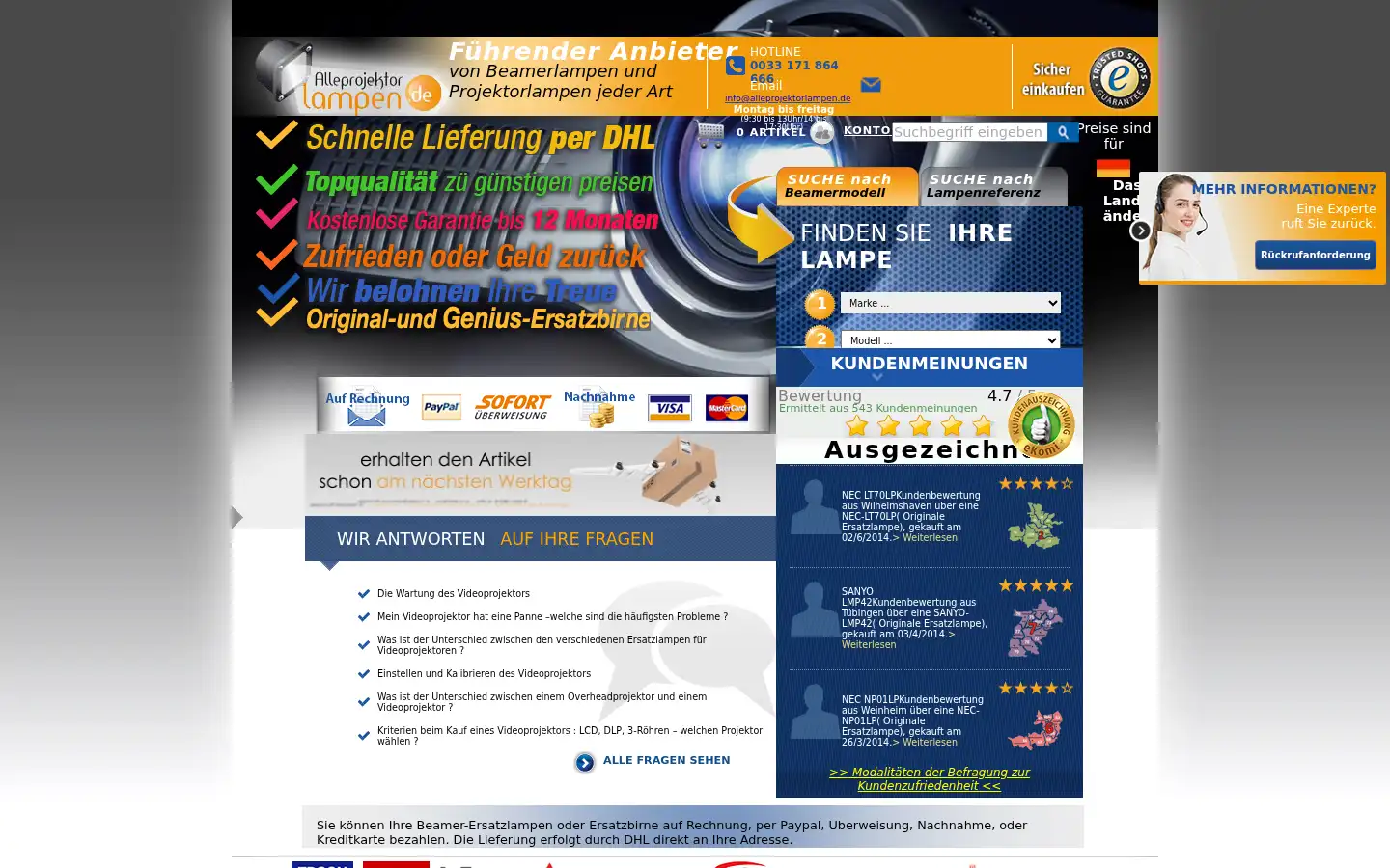 Screenshot of alleprojektorlampen.de