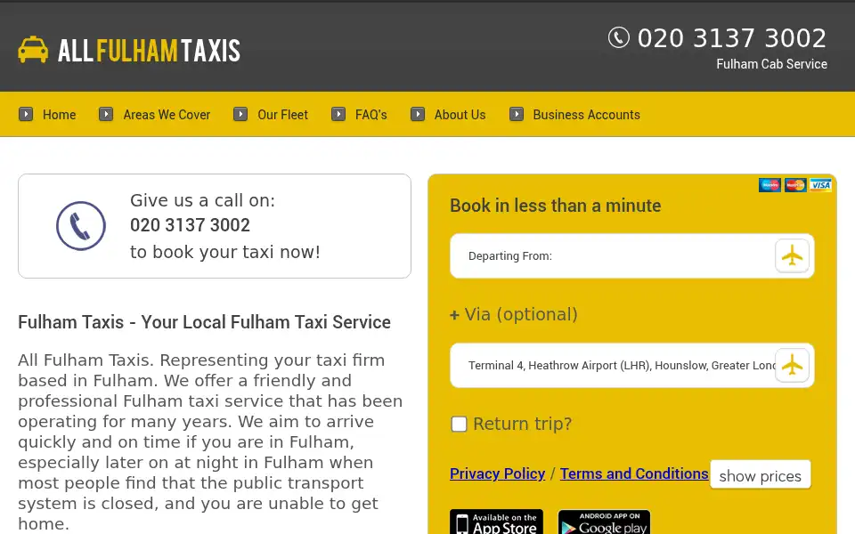 Screenshot of allfulhamtaxis.co.uk