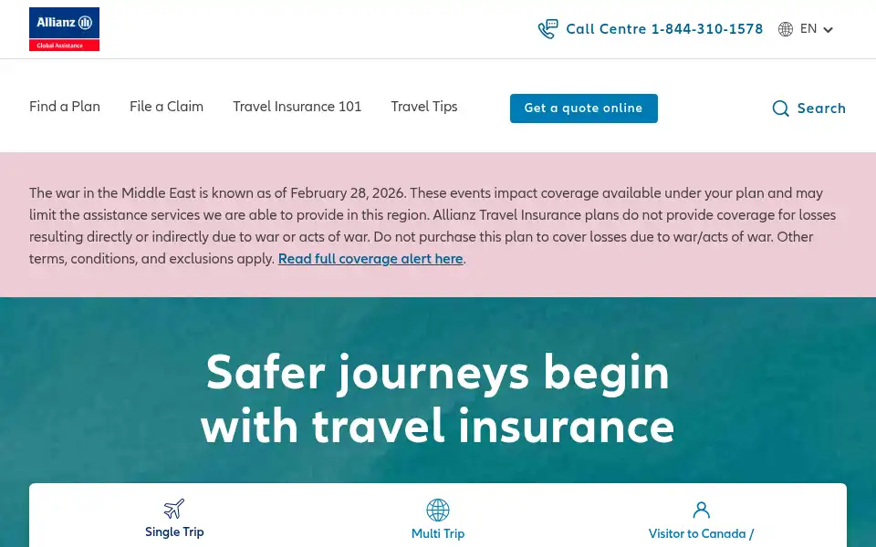 Screenshot of allianztravelinsurance.ca