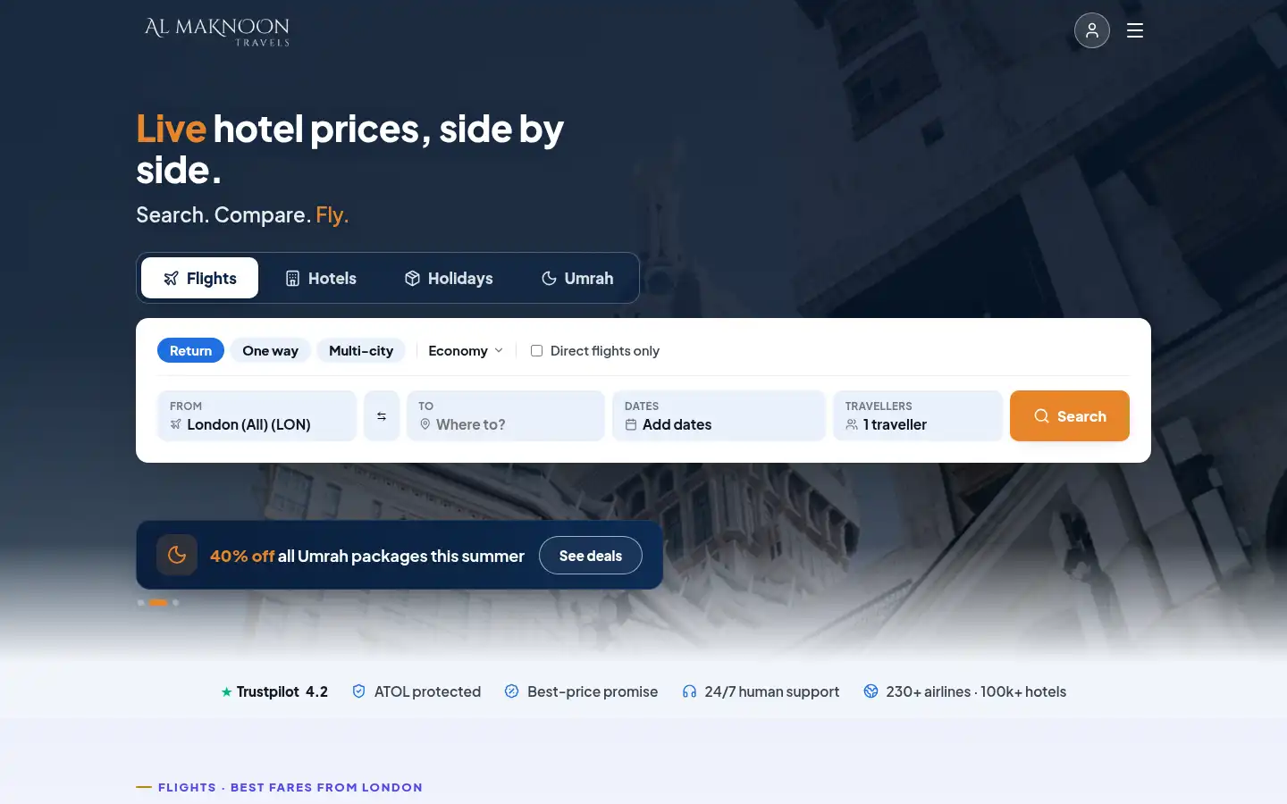 Screenshot of almaknoontravels.com