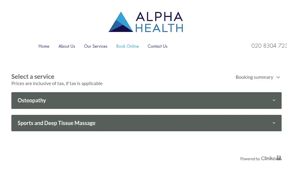 Screenshot of alphahealthosteopathy.co.uk