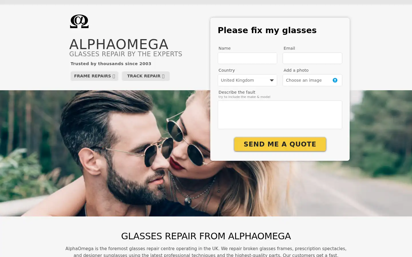 Screenshot of alphaomega-glasses-repair.co.uk