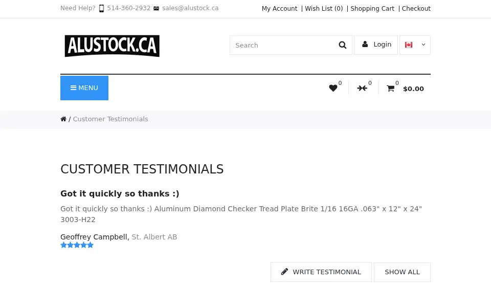 Screenshot of alustock.ca