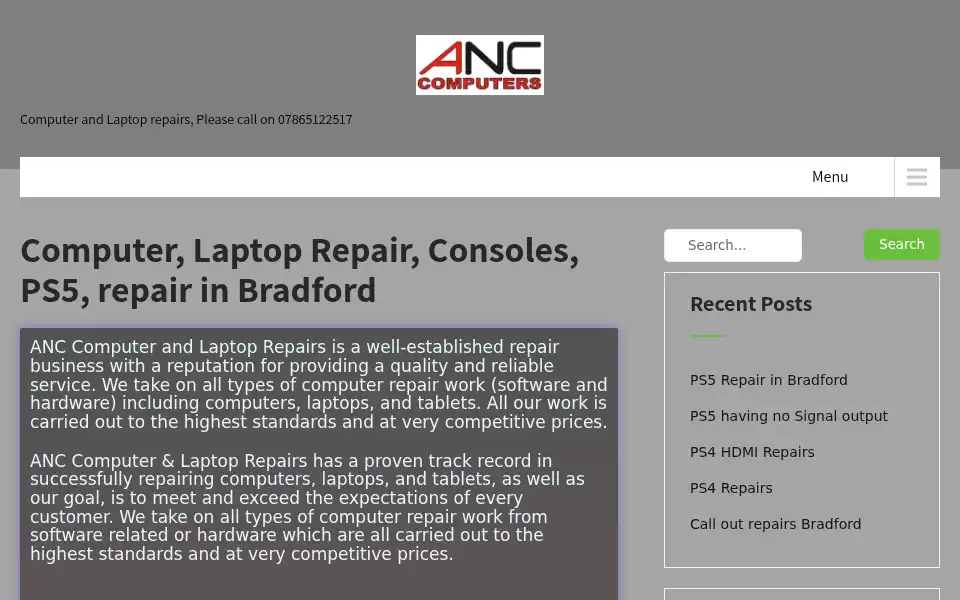 Screenshot of anccomputerrepairsbradford.co.uk