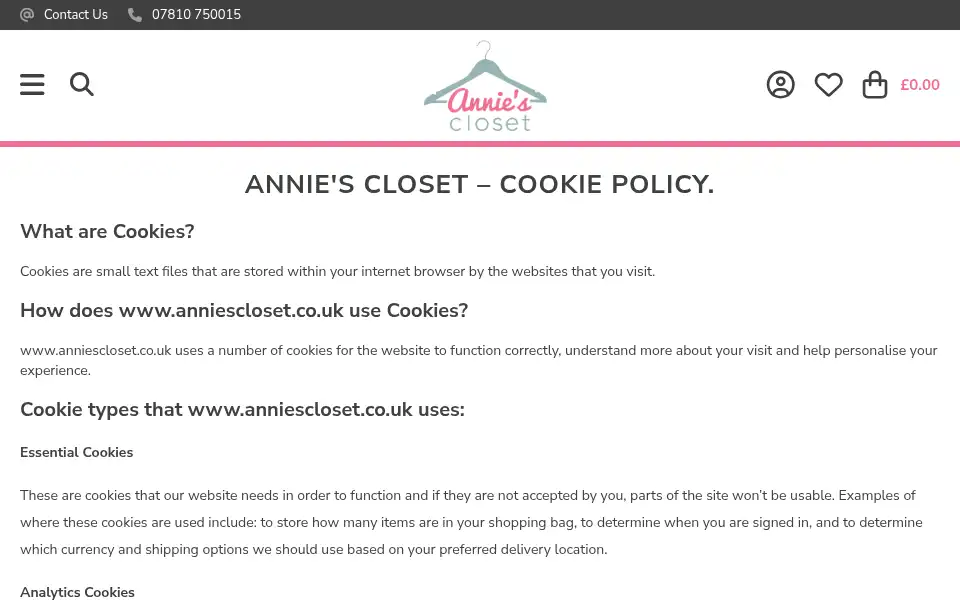 Screenshot of anniescloset.co.uk