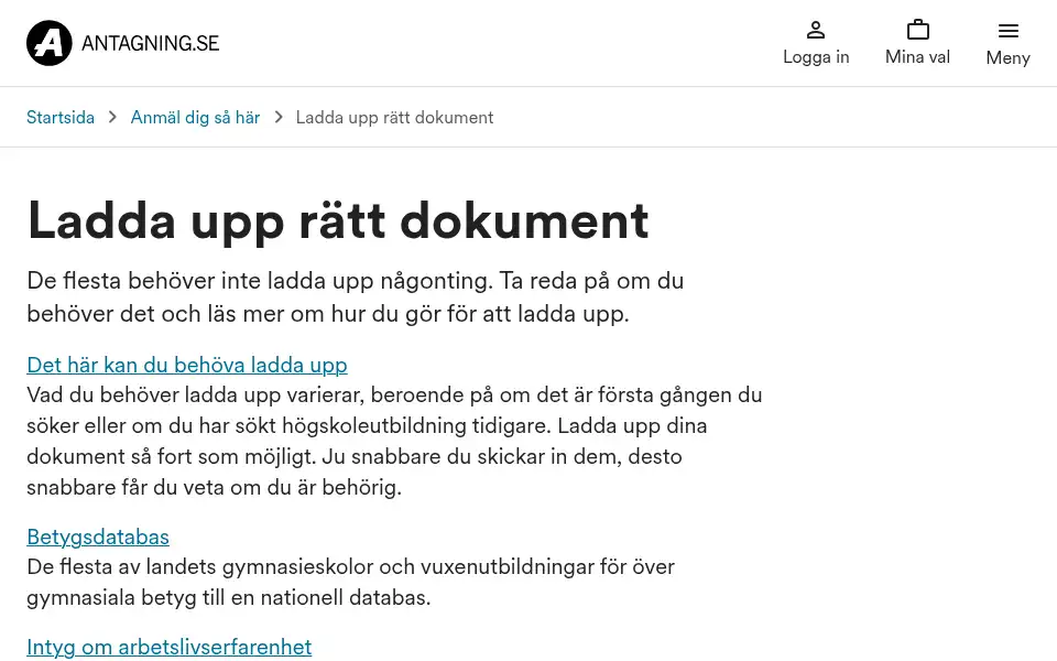 Screenshot of antagning.se