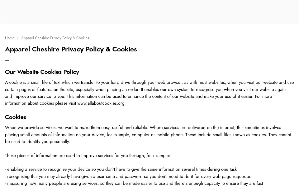 Screenshot of apparelcheshire.co.uk