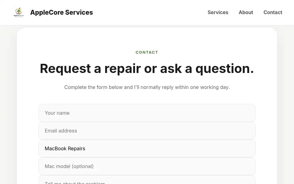 Screenshot of applecoreservices.com