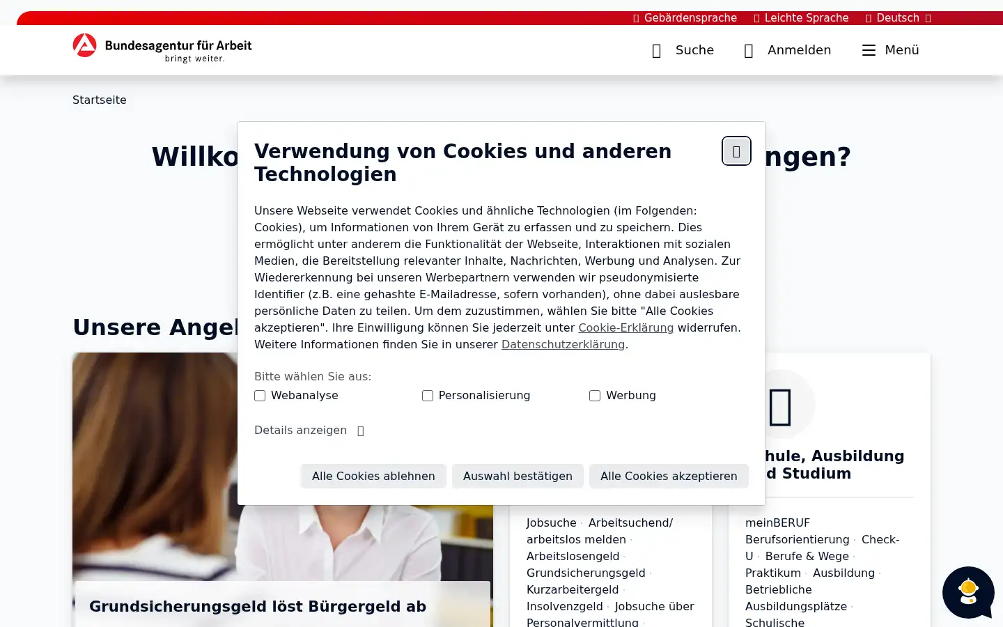 Screenshot of arbeitsagentur.de