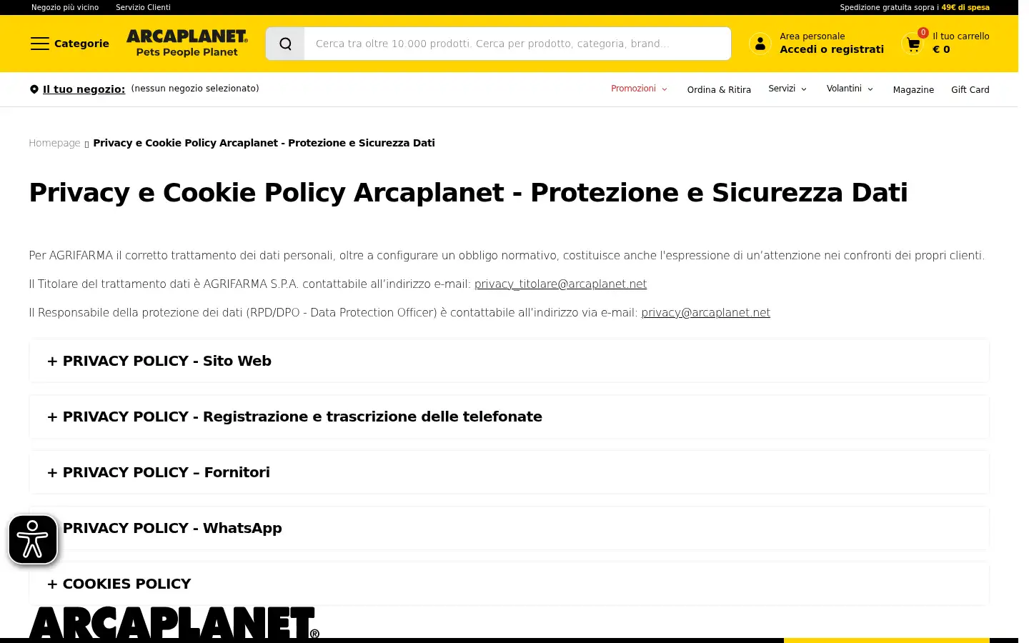 Screenshot of arcaplanet.it