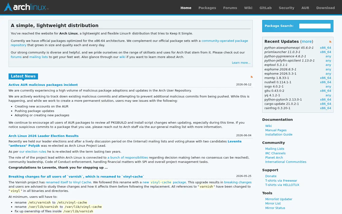 Screenshot of archlinux.org