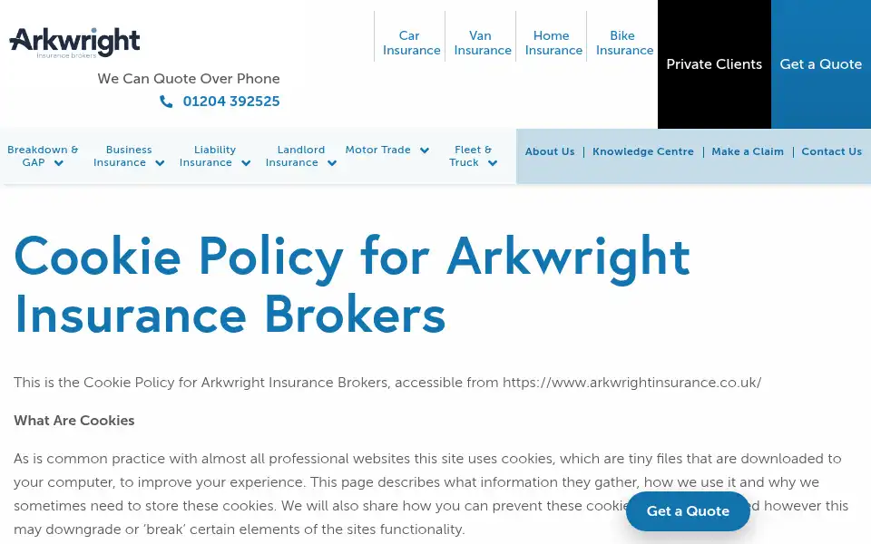 Screenshot of arkwrightinsurance.co.uk