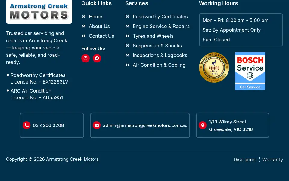 Screenshot of armstrongcreekmotors.com.au