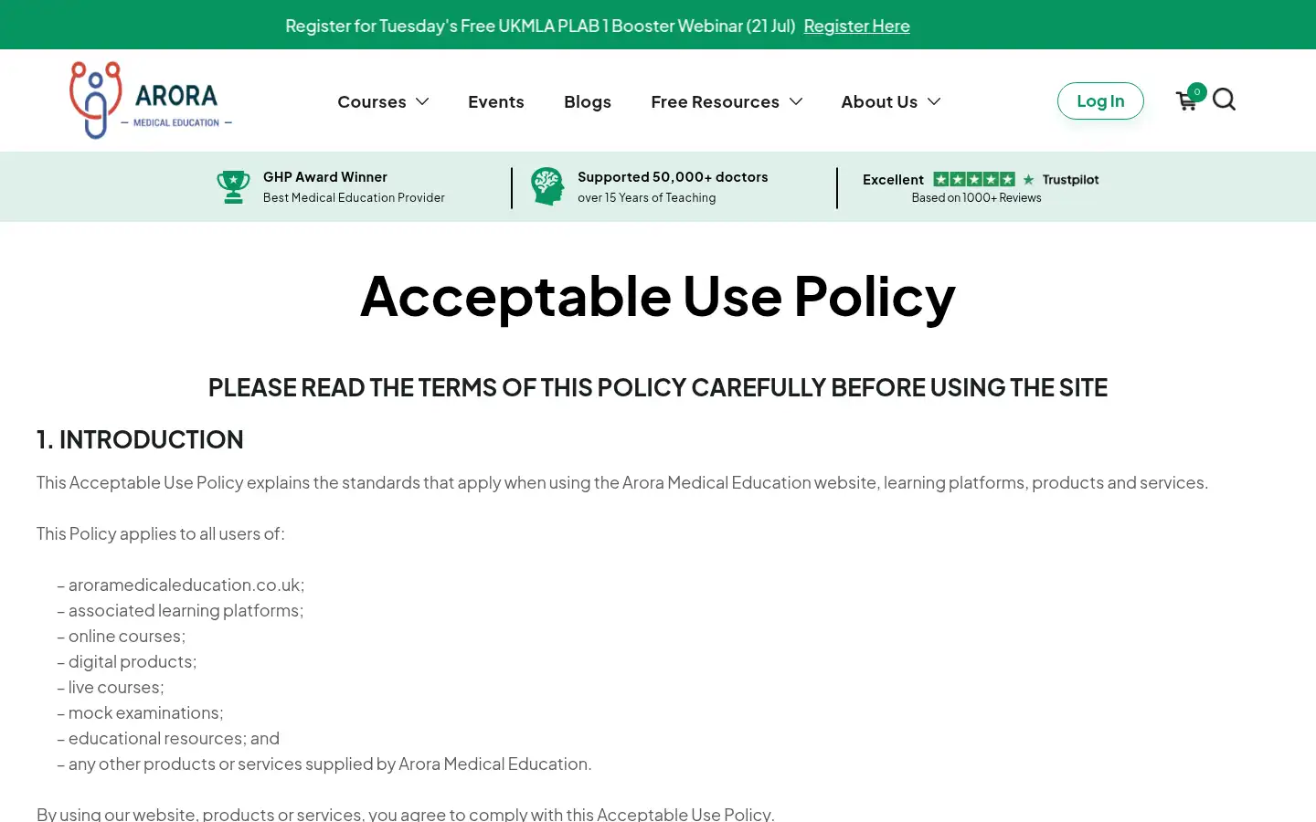 Screenshot of aroramedicaleducation.co.uk