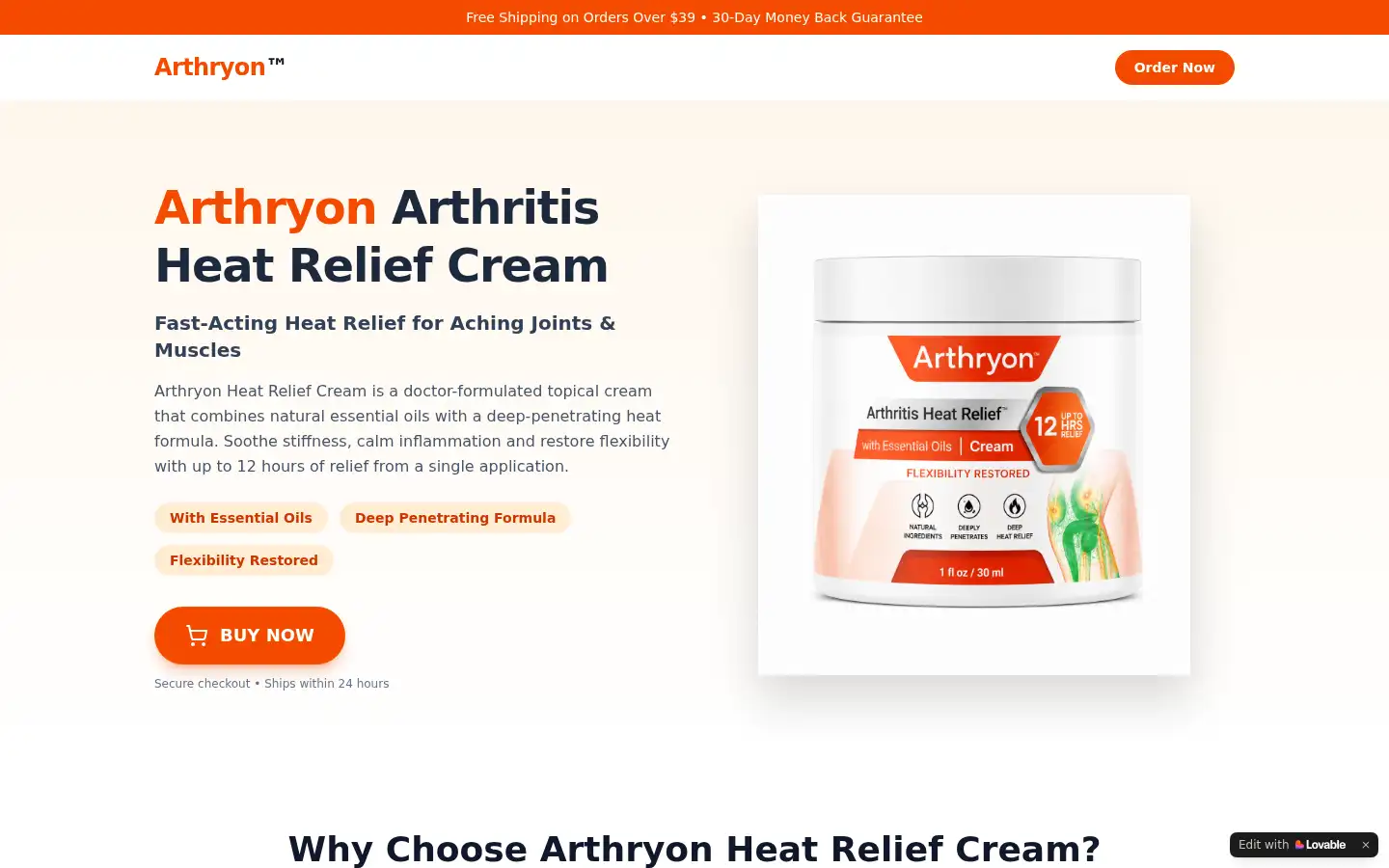 Screenshot of arthryon-heat-relief-cream.lovable.app