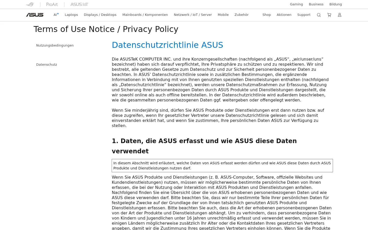 Screenshot of asus.de