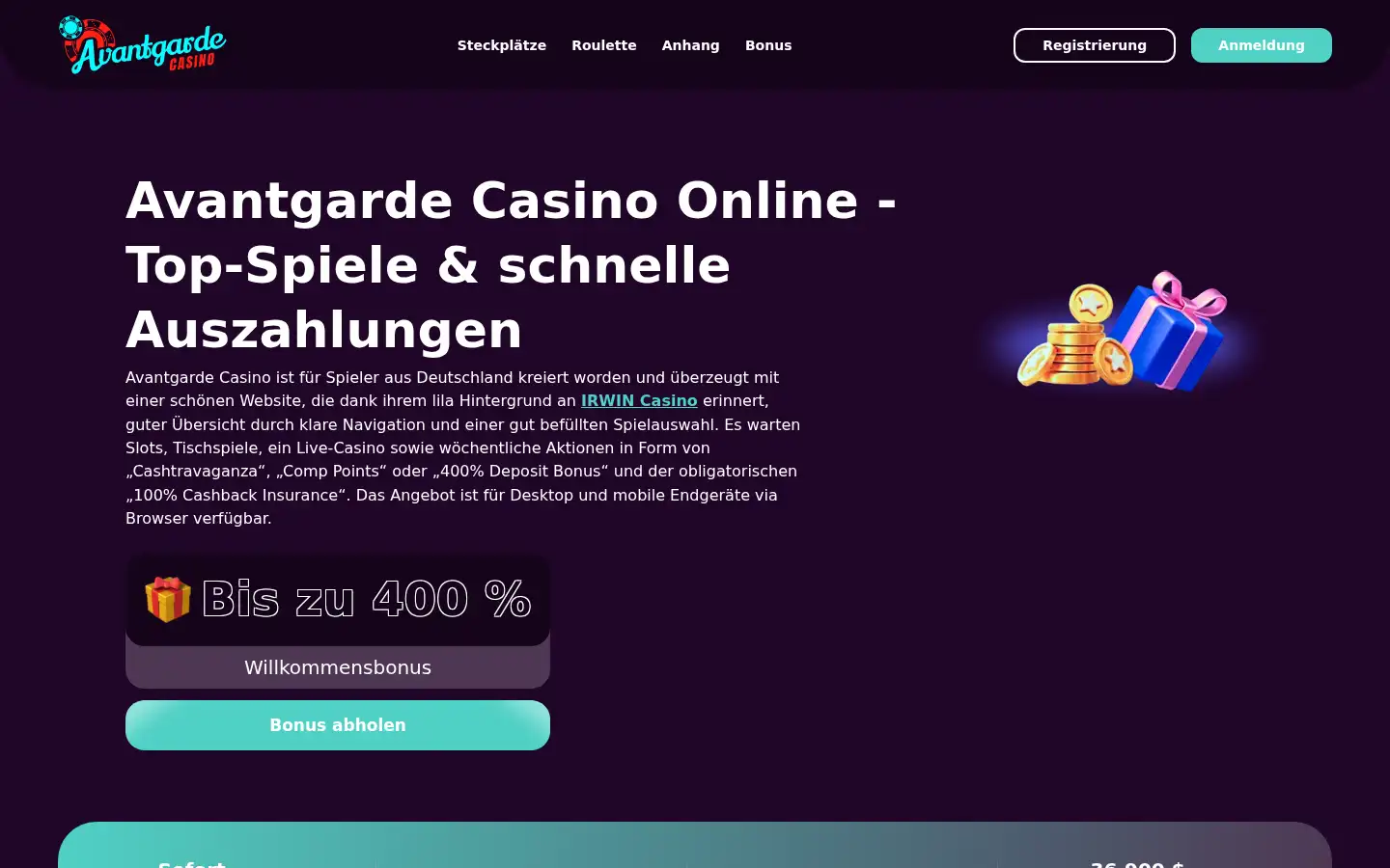 Screenshot of avantgardecasino.de.com
