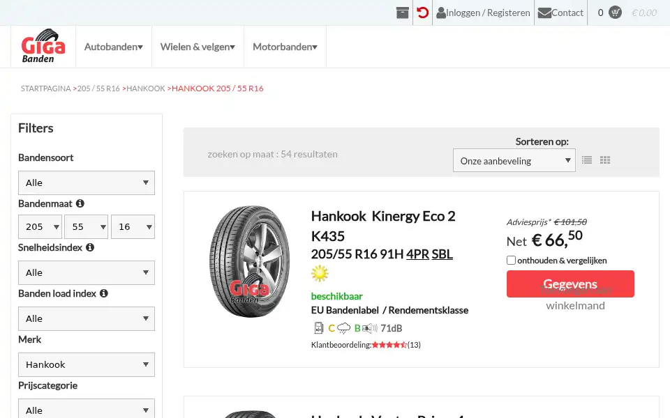 Screenshot of banden-giga.nl