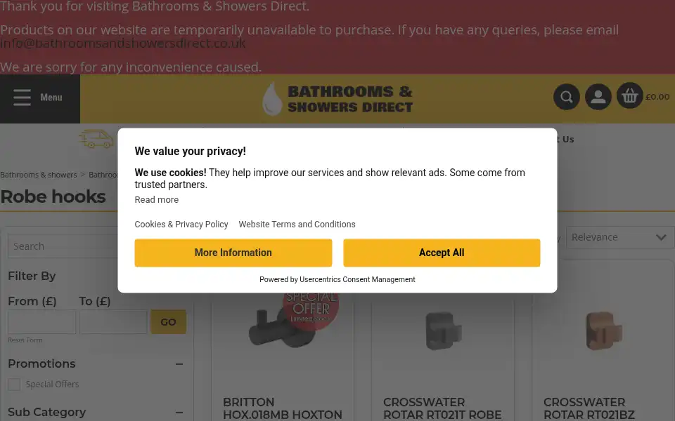 Screenshot of bathroomsandshowersdirect.com