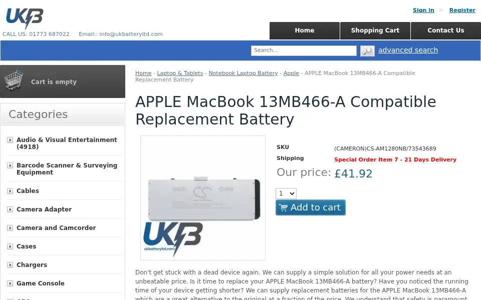 Screenshot of battery.uk.com