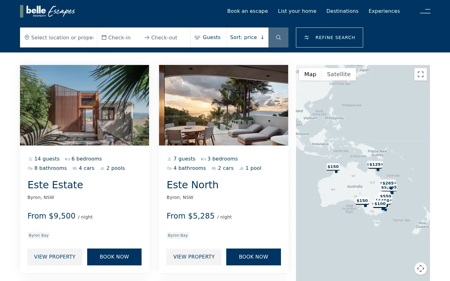 Screenshot of belleescapes.com.au