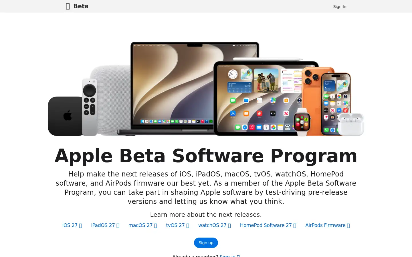Screenshot of beta.apple.com