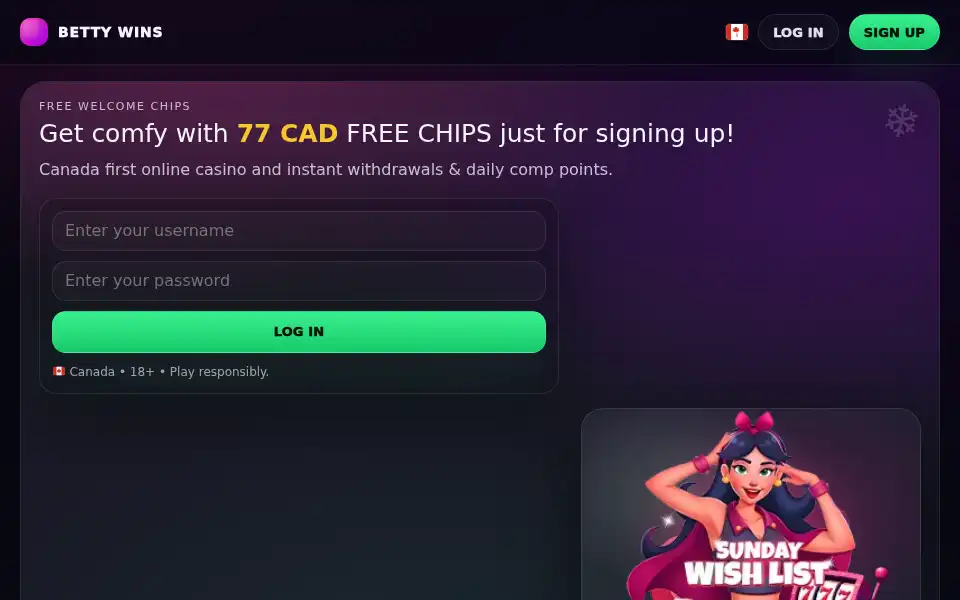 Screenshot of bettywins-casino.ca