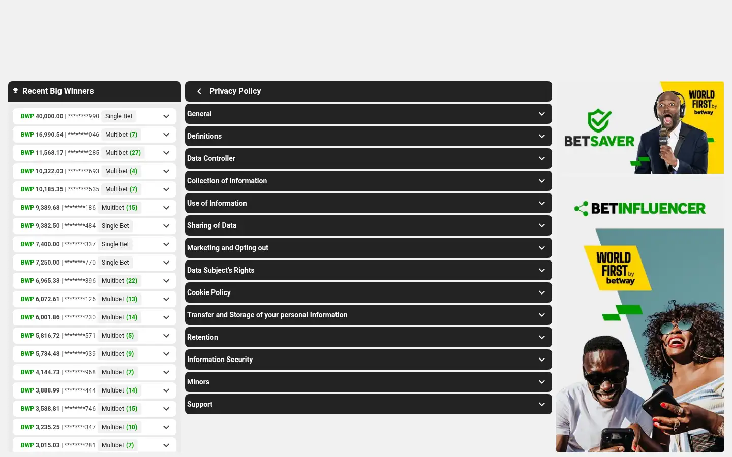 Screenshot of betway.co.bw