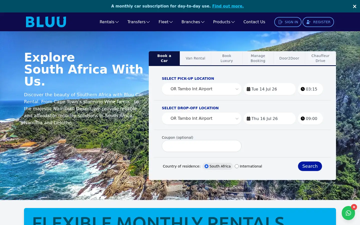 Screenshot of bidvestcarrental.co.za