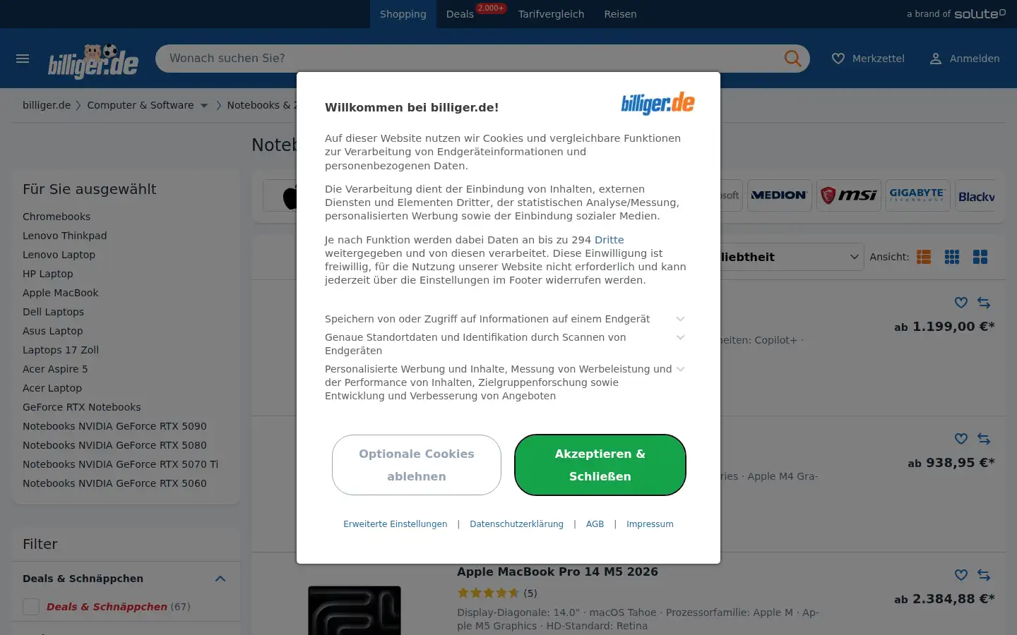 Screenshot of billiger.de