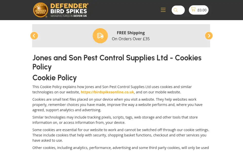 Screenshot of birdspikesonline.co.uk
