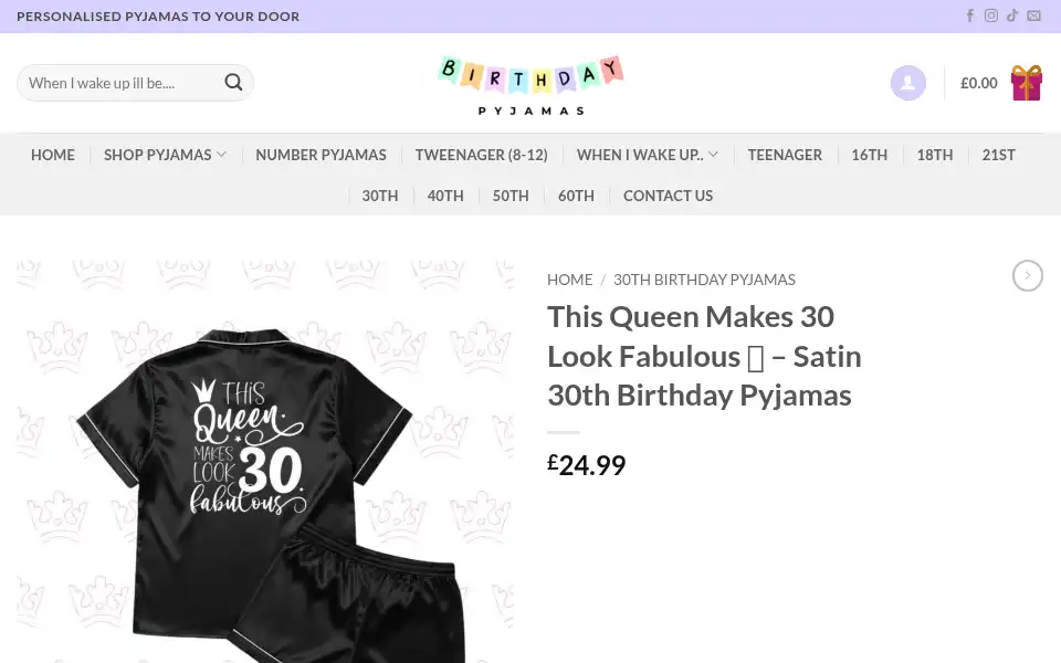 Screenshot of birthdaypyjamas.co.uk