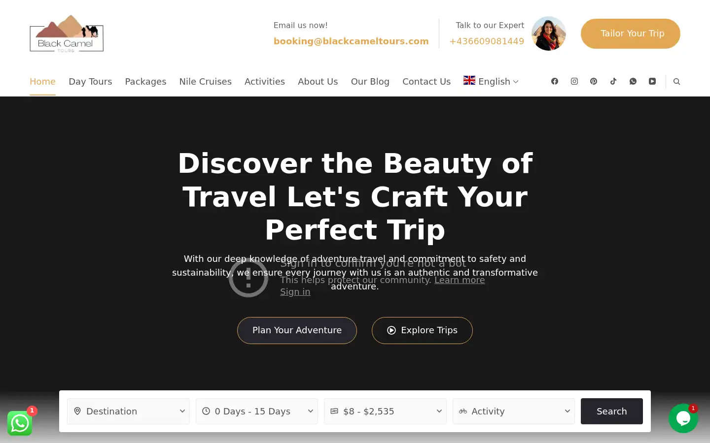 Screenshot of blackcameltours.com