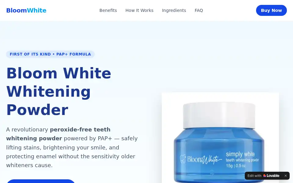 Screenshot of bloom-white-whitening-powder.lovable.app