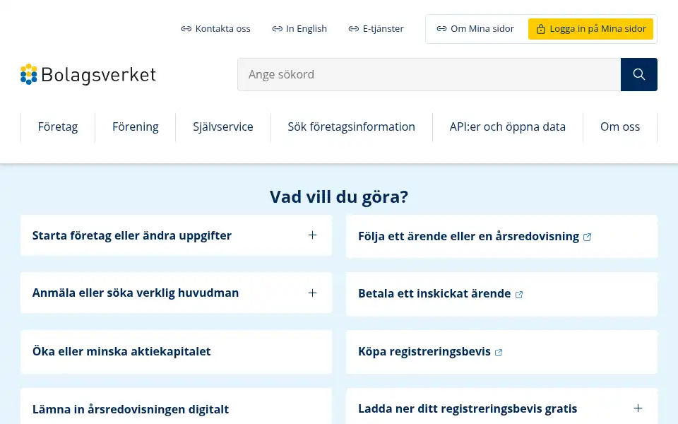 Screenshot of bolagsverket.se