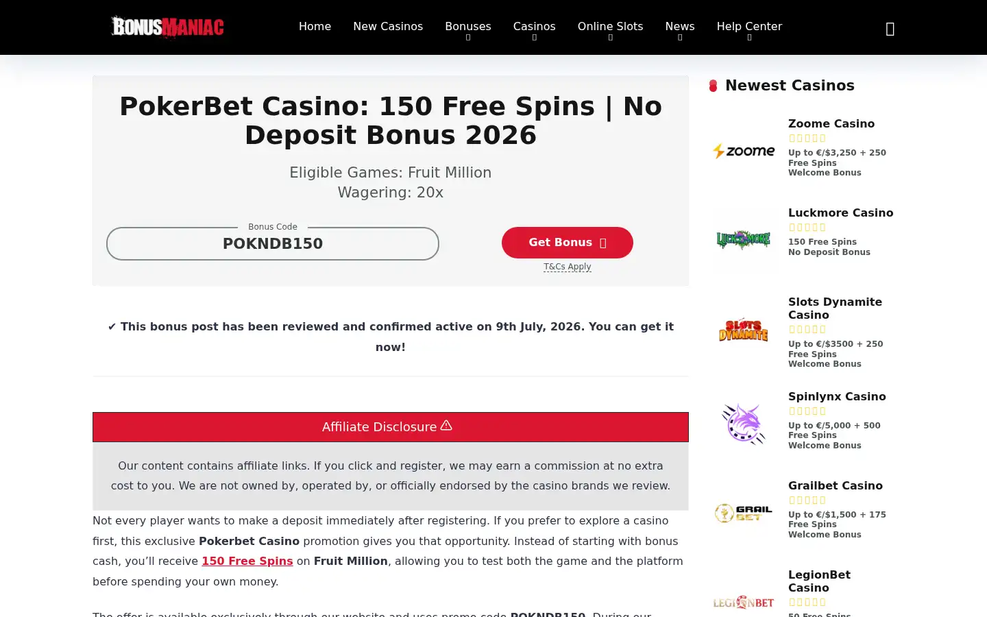 Screenshot of bonusmaniac.com