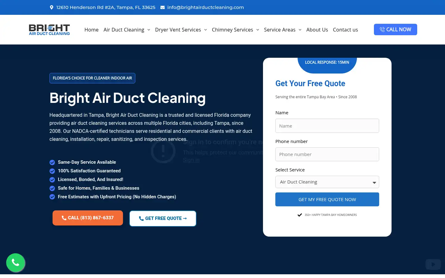 Screenshot of brightairductcleaning.com